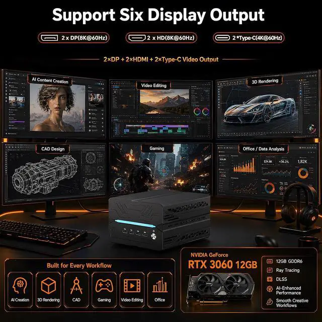 Alt view image 4 of 7 - Mini AI Server PC, Desktop Gaming Computer Ryzen 7 7700, 64G DDR5, 2T M.2 PCIE4.0 SSD, Win-11 Pro, GeForce RTX3060 12G, Six Display, HDMI/DP/Dual Type-C, 8K, Dual 2.5G LAN, WiFi7