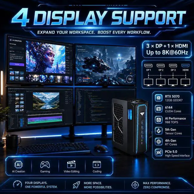 Alt view image 4 of 7 - Ai Server, Liquid-Cooled Gaming PC with i9-14900F 24 Cores, Win-11 Pro, 64G DDR5, 4T M.2 PCIE4.0 SSD, Desktop Computer with GeForce RTX5070 12G, Four Display, 8K@60Hz Outputs, Dual LAN, WiFi7