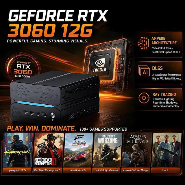 Alt view image 5 of 7 - Mini AI Server PC, Desktop Gaming Computer Ryzen 7 7700, 64G DDR5, 2T M.2 PCIE4.0 SSD, Win-11 Pro, GeForce RTX3060 12G, Six Display, HDMI/DP/Dual Type-C, 8K, Dual 2.5G LAN, WiFi7