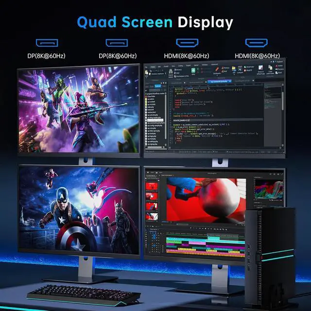 Alt view image 4 of 7 - Mini PC Gaming, Desktop Computer i9-14900F 24 Cores Upto 5.8GHz, 64G DDR5, 1T M.2 PCIE4.0 SSD, Windows 11 Pro, GeForce RTX4060 8G, Four Display, 8K@60Hz Outputs, Dual LAN, WiFi6E/BT5.3
