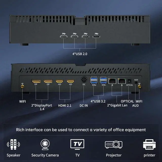 Alt view image 6 of 7 - Mini PC Gaming, Desktop Computer i9-14900F 24 Cores Upto 5.8GHz, 32G DDR5, 2T M.2 PCIE4.0 SSD, Windows 11 Pro, GeForce RTX4060Ti 8G, Four Display, 8K@60Hz Outputs, Dual LAN, WiFi6E/BT5.3