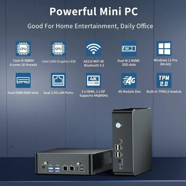 Alt view image 3 of 7 - Mini PC i9, Desktop Computer Core i9-9880H 2.3-4.8GHz, Windows 11 Pro, 64G DDR4, 4T NVME SSD, DP/HDMI/USB-C Port, 4K@60Hz, 2x2.5G RJ45 LAN, WiFi 6E/BT5.3, Support 4G Module, HTPC