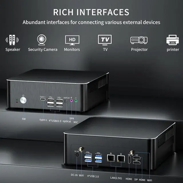 Alt view image 6 of 7 - Mini PC i9, Desktop Computer Core i9-9880H 2.3-4.8GHz, Windows 11 Pro, 64G DDR4, 4T NVME SSD, DP/HDMI/USB-C Port, 4K@60Hz, 2x2.5G RJ45 LAN, WiFi 6E/BT5.3, Support 4G Module, HTPC