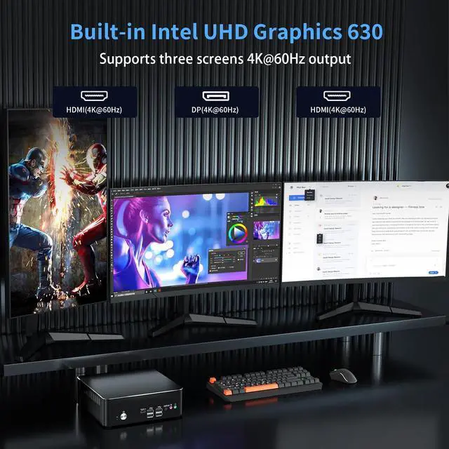 Alt view image 4 of 7 - Mini PC i9, Desktop Computer Core i9-9880H 2.3-4.8GHz, Windows 11 Pro, 64G DDR4, 4T NVME SSD, DP/HDMI/USB-C Port, 4K@60Hz, 2x2.5G RJ45 LAN, WiFi 6E/BT5.3, Support 4G Module, HTPC