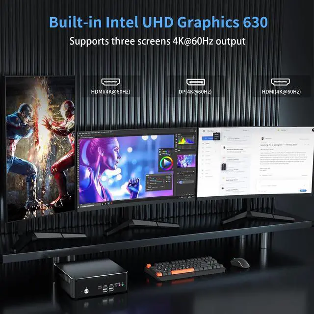 Alt view image 4 of 7 - Mini PC i9, Small Desktop Computer Core i9-9880H, Upto 4.8GHz, Windows 11 Pro, 64G RAM, 2T NVME SSD, Triple Display 4K@60Hz, HDMI/DP, Dual 2.5G LAN, USB-C, WiFi 6E, BT 5.3, VESA, 4G Module