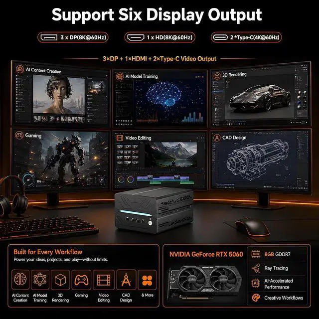 Alt view image 4 of 7 - Mini AI Server PC, Desktop Gaming Computer Ryzen 7 9800X3D, 64G DDR5, 1T M.2 PCIE4.0 SSD, Win-11 Pro, GeForce RTX5060 8G, Six Display, HDMI/DP/Dual Type-C, 8K, Dual 2.5G LAN, WiFi7