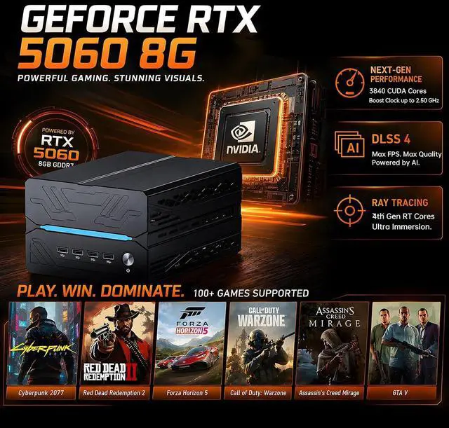 Alt view image 5 of 7 - Mini AI Server PC, Desktop Gaming Computer Ryzen 7 9800X3D, 64G DDR5, 1T M.2 PCIE4.0 SSD, Win-11 Pro, GeForce RTX5060 8G, Six Display, HDMI/DP/Dual Type-C, 8K, Dual 2.5G LAN, WiFi7