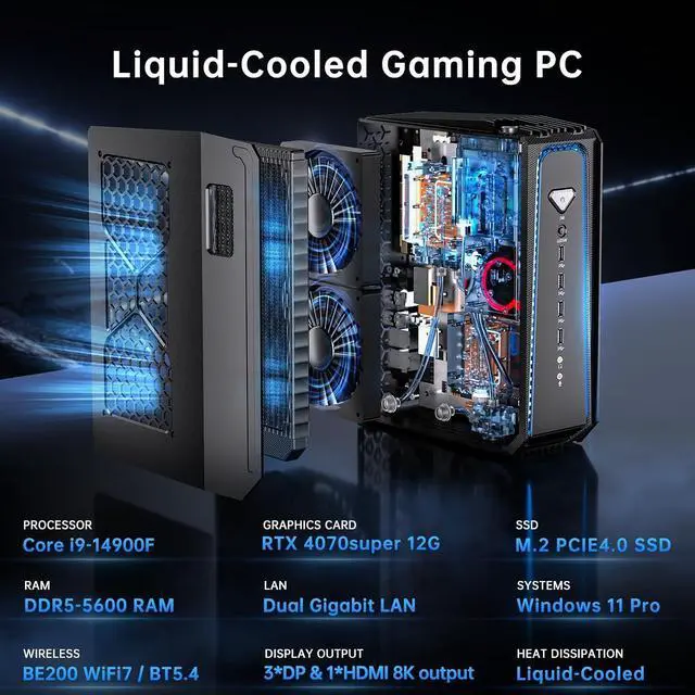 Alt view image 2 of 7 - Gaming PC, Liquid-Cooled PC with i9-14900F 24 Cores, Win-11 Pro, 64G DDR5, 4T M.2 PCIE4.0 SSD, Desktop Computer with GeForce RTX4070S 12G, Four Display, 8K@60Hz Outputs, Dual LAN, WiFi7/BT5.4