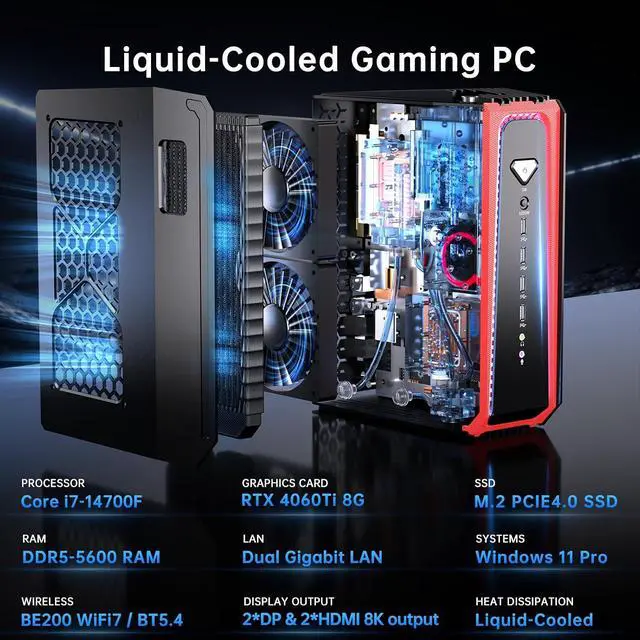 Alt view image 2 of 7 - Gaming PC, Liquid-Cooled PC with i7-14700F 20 Cores, Win-11 Pro, 64G DDR5, 1T M.2 PCIE4.0 SSD, Desktop Computer with GeForce RTX4060Ti 8G, Four Display, 8K@60Hz Outputs, Dual LAN, WiFi7/BT5.4