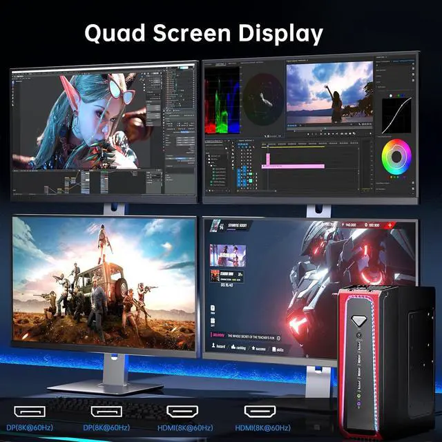 Alt view image 4 of 7 - Gaming PC, Liquid-Cooled PC with i7-14700F 20 Cores, Win-11 Pro, 64G DDR5, 1T M.2 PCIE4.0 SSD, Desktop Computer with GeForce RTX4060Ti 8G, Four Display, 8K@60Hz Outputs, Dual LAN, WiFi7/BT5.4