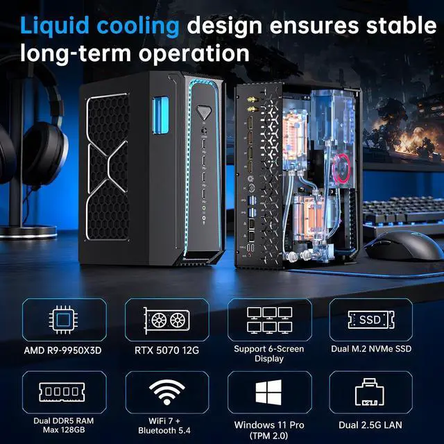 Alt view image 2 of 7 - Mini AI Server PC, Liquid-Cooled Desktop Computer Ryzen 9 9950X3D, 64G DDR5, 4T M.2 PCIE4.0 SSD, Win-11 Pro, GeForce RTX5070 12G, Six Display, HD/DP/Dual Type-C, 8K, Dual 2.5G LAN, WiFi7