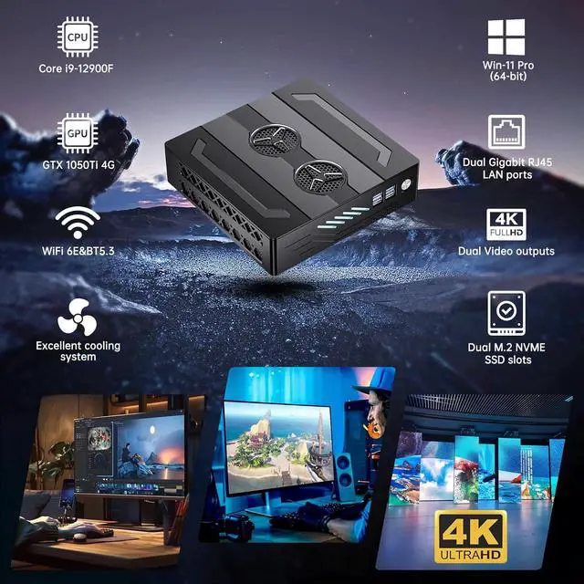 Alt view image 2 of 7 - Mini PC i9, Small Desktop Computer Core i9-12900F Upto 5.1GHz, Win-11 Pro, 64G DDR5| 2T PCIE4.0 SSD, GeForce GTX1050Ti 4G, Dual LAN, Dual Display, 4K Output, WiFi6E/BT5.3 for Video Editing