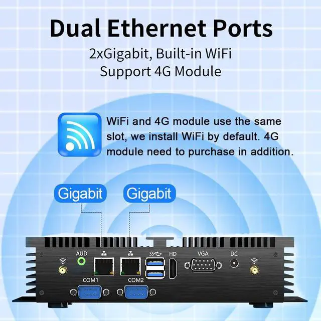 Alt view image 5 of 7 - Fanless Industrial PC, Mini Computer with Core i5-4200U, 8G RAM 128G SSD, Dual NIC, 2*COM RS232, Support 4G Module/SIM, Wi-Fi, 1*HDMI 1*VGA, Windows 10 Pro