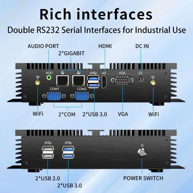 Alt view image 6 of 7 - Fanless Industrial PC, Mini Computer with Core i5-4200U, 8G RAM 128G SSD, Dual NIC, 2*COM RS232, Support 4G Module/SIM, Wi-Fi, 1*HDMI 1*VGA, Windows 10 Pro