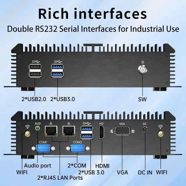 Alt view image 5 of 7 - Fanless Industrial PC, Mini Computer with Core i7-5500U (2.4-3.0GHz), 16G RAM 512G SSD, Dual LAN, 2*COM RS232, Wi-Fi 5, 1*HDMI 1*VGA, Support Wake On LAN/Auto Power On, Windows 10 Pro