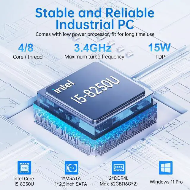 Alt view image 2 of 7 - Industrial PC, Fanless Mini Computer with Core i5-8250U, 16G RAM 256G SSD, Dual 2.5G LAN, 6*COM RS232, Support 4G Module/SIM, Wi-Fi 6, 1*HDMI 1*VGA, Windows 11 Pro