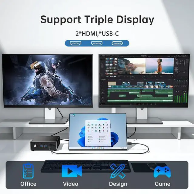 Alt view image 5 of 7 - Mini PC, 64G DDR5 RAM, 2T PCIE4.0 SSD, Ryzen 9 8945HS (8C/16T, Upto 5.2GHz), Radeon 780M Graphics, 2.5G LAN, 2*HDMI, 1*USB4.0, Triple Display, Wi-Fi 6e, VESA, Windows 11 Pro