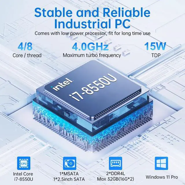 Alt view image 2 of 7 - Industrial Mini PC, Fanless Computer with Core i7-8550U (1.8-4.0GHz), 8G RAM 256G SSD, 2 * 2.5G LAN, 6*COM RS232, Support 4G Module/SIM, Wi-Fi 6, 4K, 1*HDMI 1*VGA, Windows 11 Pro