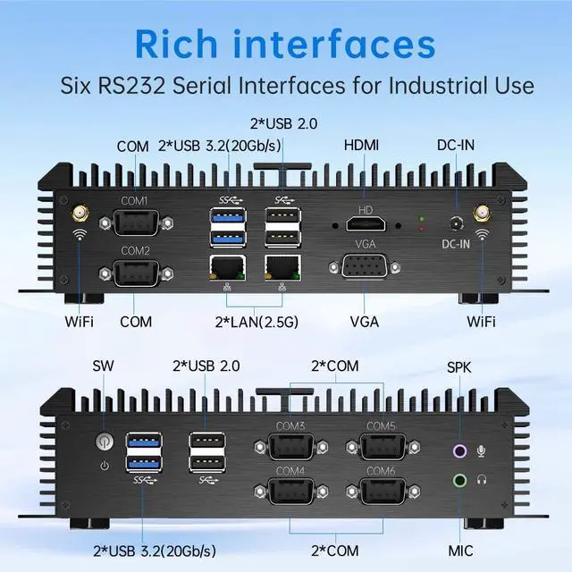 Alt view image 5 of 7 - Industrial PC, Fanless Mini Computer with Core i3-8130U, 16G RAM 256G SSD, Dual 2.5G LAN, 6*COM RS232, Support 4G Module/SIM, Wi-Fi 6, 1*HDMI 1*VGA, Windows 11 Pro