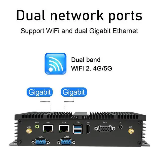 Alt view image 4 of 7 - Mini Fanless PC with Celeron 2955U, 8G RAM 128G SSD, Support 4G Module Dual LAN, 1*HDMI 1*VGA Dual Display, 2*COM RS232, Wi-Fi, Industrial Computer with Windows 10 Pro