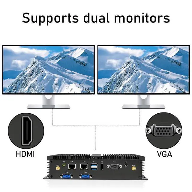 Alt view image 3 of 7 - Mini Fanless PC with Celeron 2955U, 8G RAM 128G SSD, Support 4G Module Dual LAN, 1*HDMI 1*VGA Dual Display, 2*COM RS232, Wi-Fi, Industrial Computer with Windows 10 Pro