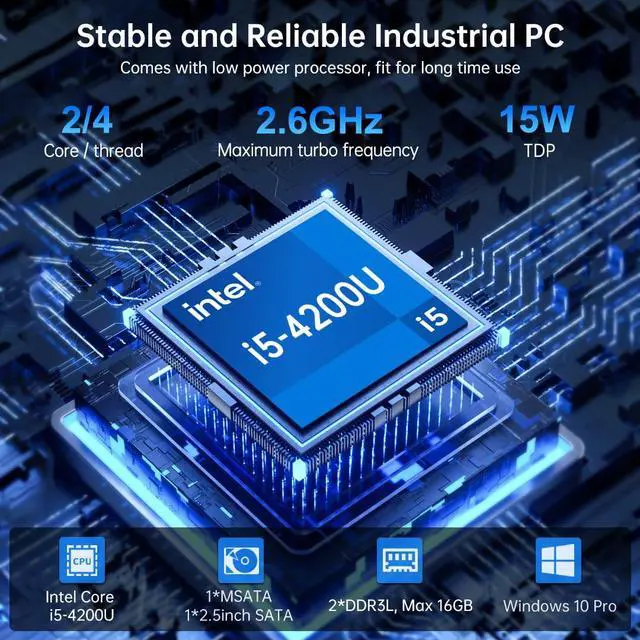 Alt view image 2 of 7 - Fanless Mini PC, Industrial Computer with Core i5-4200U 16G RAM 512G SSD, 1*HDMI 1*VGA, 6*COM RS232, Dual LAN, WiFi, Support Dual Display WOL, Windows 10 Pro