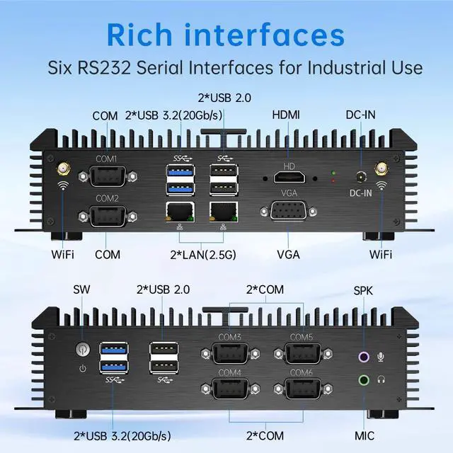 Alt view image 4 of 7 - Fanless Industrial PC, Mini Computer with Core i7-8550U, 8G RAM 256G SSD, Dual NIC, 6*COM RS232, Wi-Fi 5, 1*HDMI 1*VGA, Low Power, Support Wake On LAN/Auto Power On, Windows 10 Pro