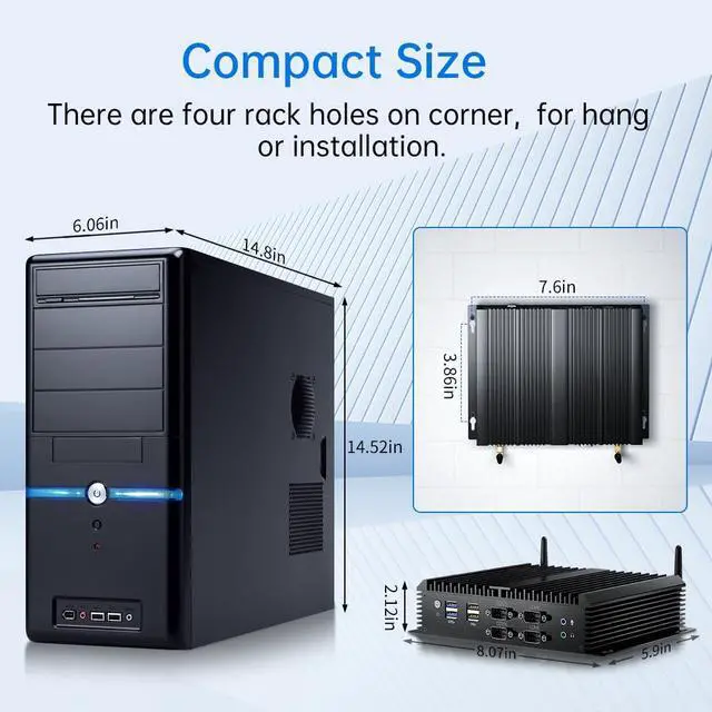 Alt view image 7 of 7 - Fanless Industrial PC, Mini Computer with Core i7-8550U, 8G RAM 256G SSD, Dual NIC, 6*COM RS232, Wi-Fi 5, 1*HDMI 1*VGA, Low Power, Support Wake On LAN/Auto Power On, Windows 10 Pro