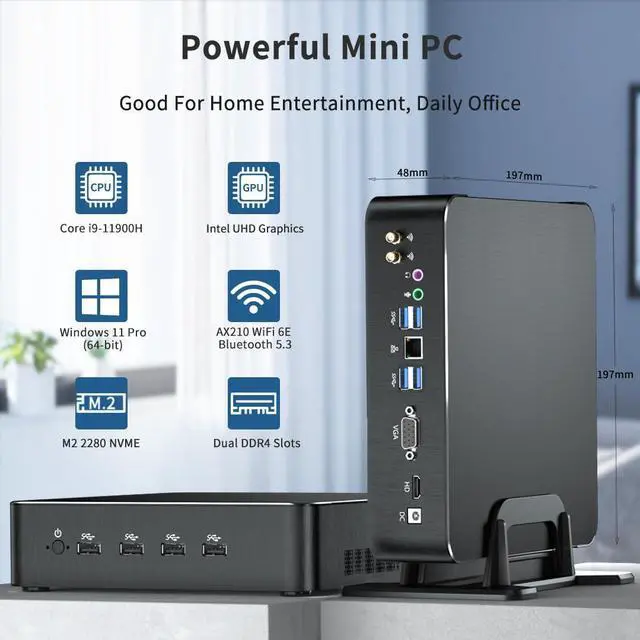 Alt view image 3 of 7 - Mini PC with Core i9-11900H (8 Cores, 2.5-4.9GHz), 64G RAM | 1T SSD Desktop Computer, 4K, 1*HDMI, 1*VGA Dual Display Wi-Fi 6e Bluetooth 5.3, WOL Windows 11 Pro