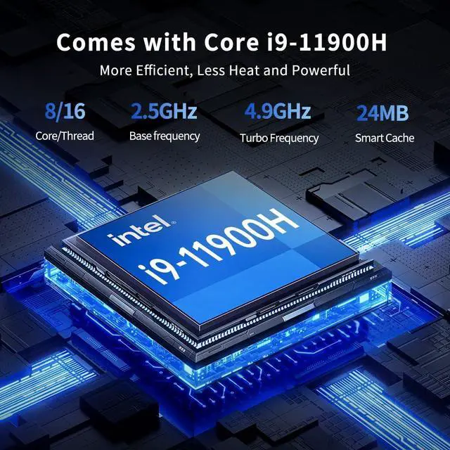 Alt view image 2 of 7 - Mini PC with Core i9-11900H (8 Cores, 2.5-4.9GHz), 64G RAM | 1T SSD Desktop Computer, 4K, 1*HDMI, 1*VGA Dual Display Wi-Fi 6e Bluetooth 5.3, WOL Windows 11 Pro