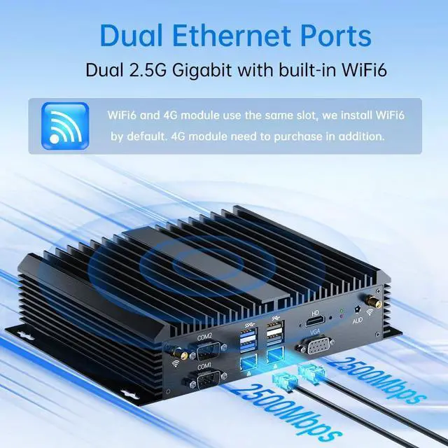 Alt view image 6 of 7 - Industrial PC, Fanless Mini Computer with Core i3-8130U, 16G RAM 256G SSD, Dual 2.5G LAN, 6*COM RS232, Support 4G Module/SIM, Wi-Fi 6, 1*HDMI 1*VGA, Windows 11 Pro