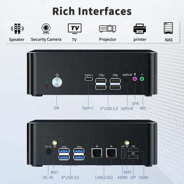 Alt view image 6 of 7 - Mini PC with Core i9-9880H, 16GB RAM, 512G SSD Desktop Computer, 4K@60Hz, 2*HDMI, 1*DP, Triple Display, Dual LAN, VESA, Optical, Wi-Fi 6E, Bluetooth 5.3, Windows 11 Pro