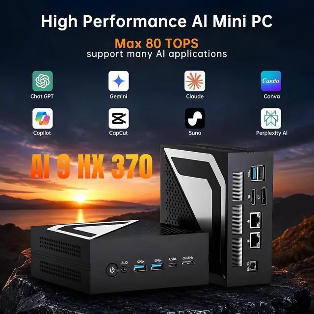 Alt view image 3 of 7 - AI Mini PC, Ryzen AI 9 HX 370 (80 Tops), 64G DDR5 RAM, 2T PCIE4.0 SSD Desktop Computer, Radeon 890M, 8K, Triple Display, 2 * 2.5G LAN, Wi-Fi 6e, Windows 11 Pro
