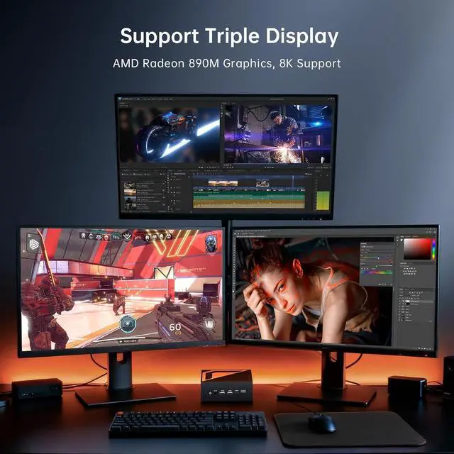 Alt view image 4 of 7 - AI Mini PC, Ryzen AI 9 HX 370 (80 Tops), 64G DDR5 RAM, 2T PCIE4.0 SSD Desktop Computer, Radeon 890M, 8K, Triple Display, 2 * 2.5G LAN, Wi-Fi 6e, Windows 11 Pro