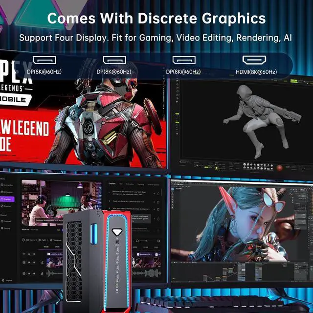 Alt view image 5 of 7 - AI PC Liquid Cooled, 14th Gen Core i9-14900F with 64G DDR5 RAM 1T PCIE4.0 SSD Desktop Computer, RTX4070 12G, 8K, 1*HDMI, 3*DisplayPort, Optical, WiFi 6e, Windows 11 Pro