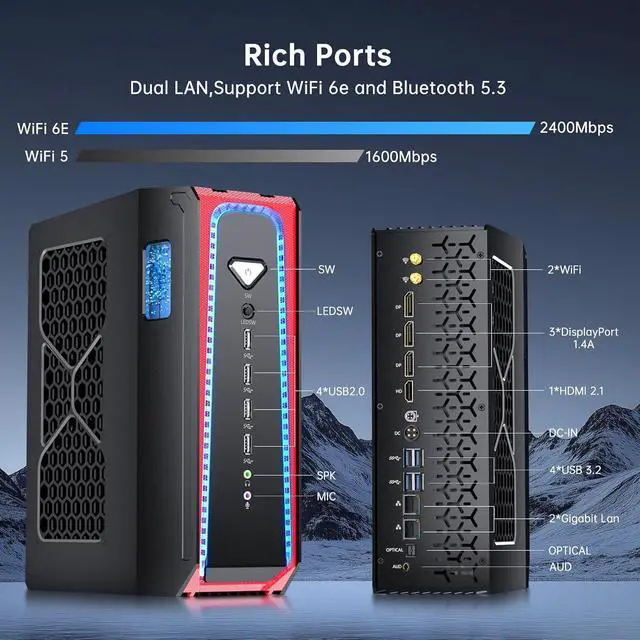 Alt view image 6 of 7 - AI PC Liquid Cooled, 14th Gen Core i9-14900F with 64G DDR5 RAM 1T PCIE4.0 SSD Desktop Computer, RTX4070 12G, 8K, 1*HDMI, 3*DisplayPort, Optical, WiFi 6e, Windows 11 Pro