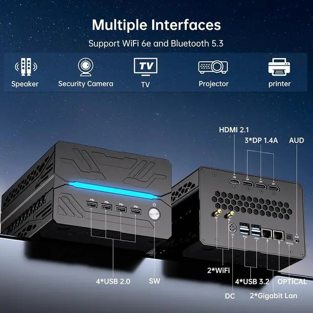 Alt view image 6 of 7 - Mini Desktop Comptuer - 14th Gen Intel Core i9-14900F 24-Core Processor, 32GB DDR5 RAM, 1T PCIE 4.0 SSD, NVIDIA GeForce RTX 5060Ti 16GB GDDR7 Graphics, 8K, WiFi 6e, 4* Display, Windows 11 Pro