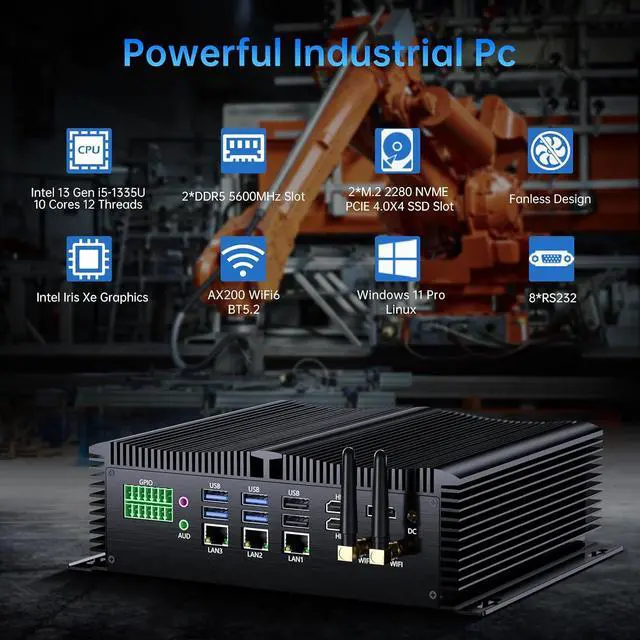 Alt view image 2 of 7 - Fanless Industrial PC, Mini Desktop Computer with i5-1335U, 8G RAM 256G SSD, COM R232/ 422/485, Triple 2.5G LAN, GPIO, 4K, Wi-Fi, WOL Support, Wide Voltage, 2*HDMI, 1*DP, Windows 11 Pro