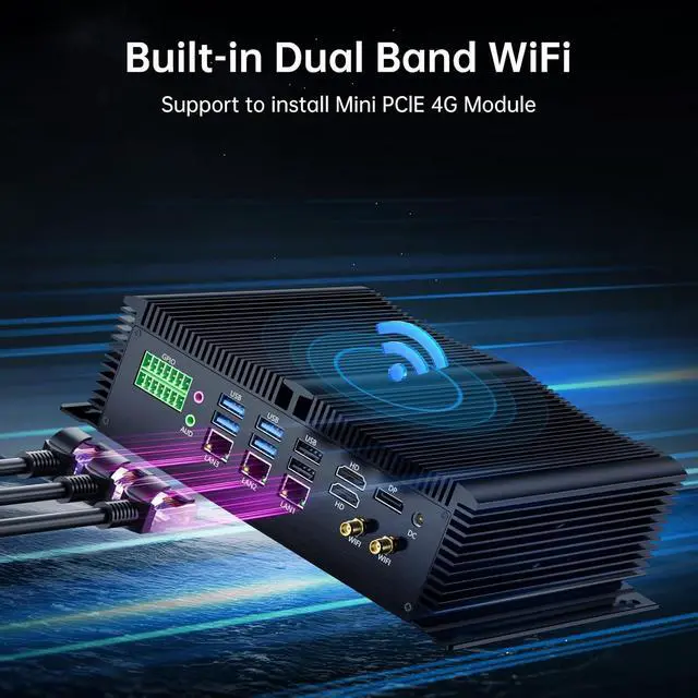 Alt view image 6 of 7 - Fanless Industrial PC, Mini Desktop Computer with i5-1335U, 8G RAM 256G SSD, COM R232/ 422/485, Triple 2.5G LAN, GPIO, 4K, Wi-Fi, WOL Support, Wide Voltage, 2*HDMI, 1*DP, Windows 11 Pro