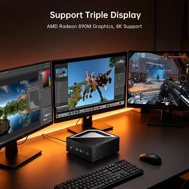 Alt view image 4 of 7 - AI Mini PC, Ryzen AI 9 HX 470(86 Tops, Max 5.2 GHz), 64G DDR5 RAM, 4T PCIE4.0 SSD Desktop Computer, Radeon 890M, 2 * 2.5G LAN, 8K, Triple Display, USB4.0, Wi-Fi 7, Windows 11 Pro