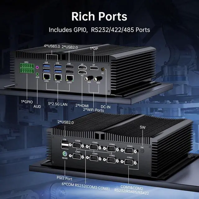 Alt view image 5 of 7 - Fanless Industrial PC, Mini Desktop Computer with i5-1335U, 8G RAM 256G SSD, COM R232/ 422/485, Triple 2.5G LAN, GPIO, 4K, Wi-Fi, WOL Support, Wide Voltage, 2*HDMI, 1*DP, Windows 11 Pro