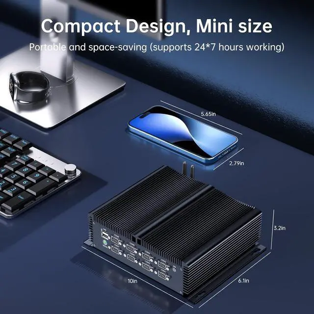 Alt view image 7 of 7 - Fanless Industrial PC, Mini Desktop Computer with i5-1335U, 8G RAM 256G SSD, COM R232/ 422/485, Triple 2.5G LAN, GPIO, 4K, Wi-Fi, WOL Support, Wide Voltage, 2*HDMI, 1*DP, Windows 11 Pro