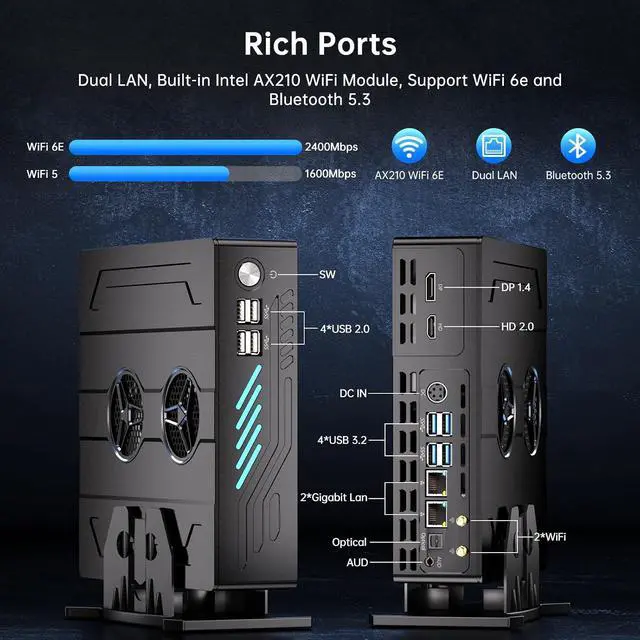 Alt view image 5 of 7 - Mini Gaming PC with i9-12900F (16 Cores, Max 5.1GHz), 32G DDR5 RAM 1T PCIE4.0 SSD, RTX3050 6G Desktop Computer, Dual LAN, Optical, 8K, 1*HDMI, 1*DP, WiFi 6e, Windows 11 Pro