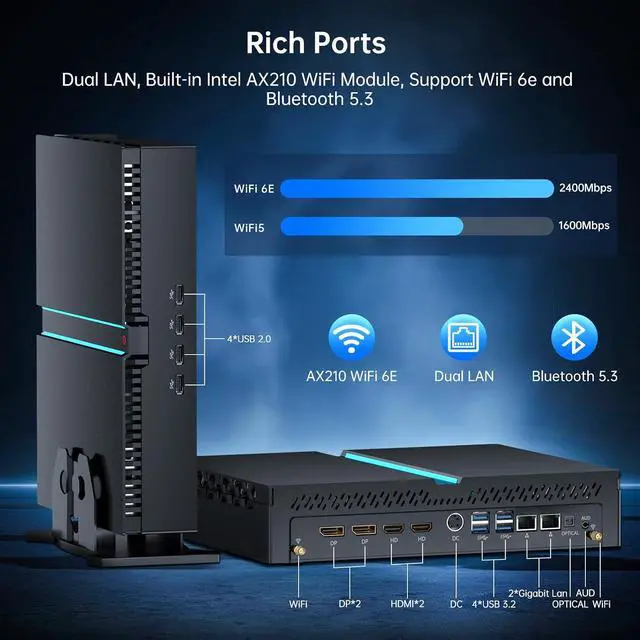 Alt view image 6 of 7 - Mini PC i9, Core i9-13900F 24 Cores with RTX4060Ti 8G Desktop Computer, 32G DDR5 RAM 1T PCIE 4.0 SSD, WiFi 6E, BT5.3, 2* HDMI/ 2* DP, 8K, Four Display, Optical, Dual LAN, Windows 11 Pro