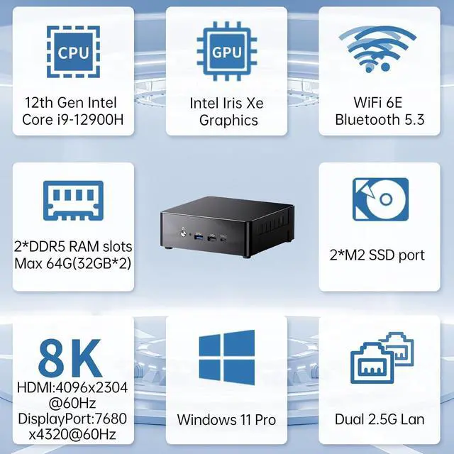 Alt view image 3 of 7 - Mini PC i9, 64GB DDR5 RAM 2TB PCIE 4.0 SSD with Core i9-12900H Mini Computer, 1* HDMI / 1* DisplayPort / 1* USB4.0 Triple Display, 8K, Dual 2.5G LAN, WiFi 6e, VESA, Windows 11 Pro
