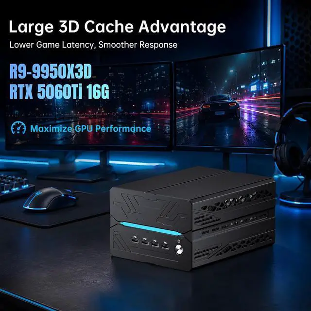 Alt view image 4 of 7 - Mavsloly AI Mini PC with AMD Ryzen 9 9950X3D (16 Cores, Max 5.7 GHz, 128MB Cache) 64GB DDR5 RAM, 1T PCIE 4.0 SSD, GeForce RTX 5060Ti 16GB GDDR7 Graphics, 8K, WiFi 7, 2*Type-C, Windows 11 Pro