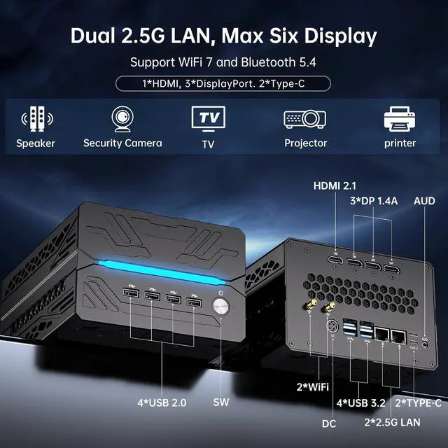Alt view image 6 of 7 - Mavsloly AI Mini PC with AMD Ryzen 9 9950X3D (16 Cores, Max 5.7 GHz, 128MB Cache) 64GB DDR5 RAM, 1T PCIE 4.0 SSD, GeForce RTX 5060Ti 16GB GDDR7 Graphics, 8K, WiFi 7, 2*Type-C, Windows 11 Pro