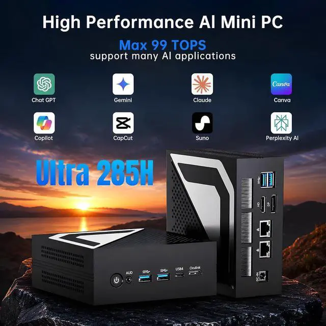 Alt view image 3 of 7 - Mini AI PC with Ultra 9 285H (16 Cores, Upto 5.4 GHz, Max 99 Tops), 16GB DDR5 RAM 1TB PCIE 4.0 SSD Desktop Computer, 1* HDMI, 1* DisplayPort, 1* USB4.0, 8K, 2.5G LAN, WiFi 6e, Windows 11 Pro