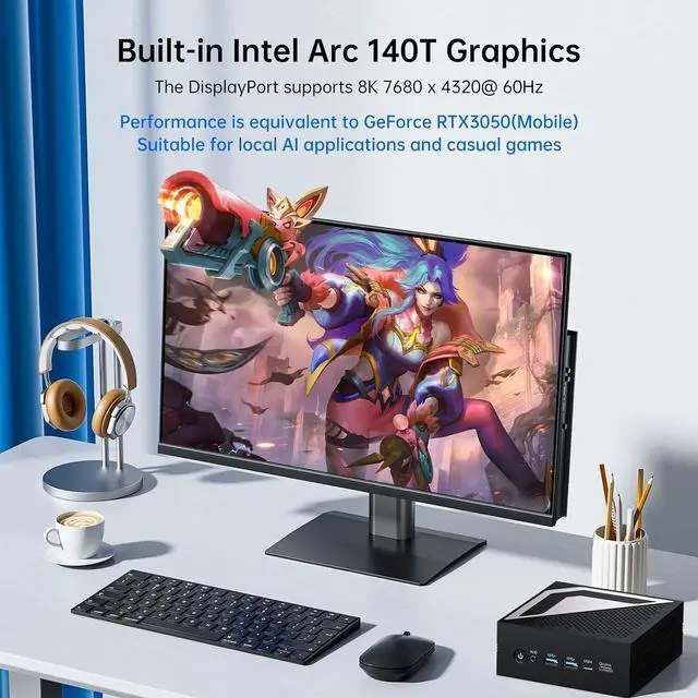 Alt view image 7 of 7 - Mini AI PC with Ultra 9 285H (16 Cores, Upto 5.4 GHz, Max 99 Tops), 16GB DDR5 RAM 1TB PCIE 4.0 SSD Desktop Computer, 1* HDMI, 1* DisplayPort, 1* USB4.0, 8K, 2.5G LAN, WiFi 6e, Windows 11 Pro