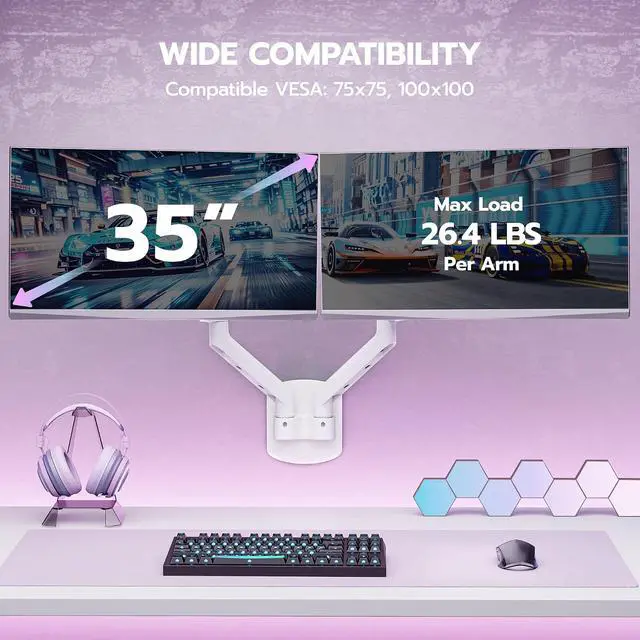 Alt view image 2 of 7 - Dual Monitor Wall Mount for 17-35 Inch Ultrawide Screens, Heavy Duty Monitor Arm up to 26.4 lbs, Fully Adjustable Wall Mount, VESA 75x75/100x100 Compatible, White